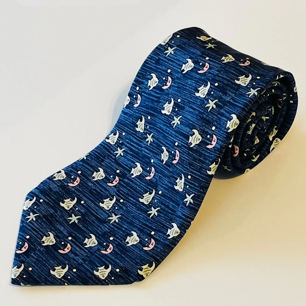 HERMES 7785 FA Mens Neck Tie Silk France Vintage Starfish Fish Moon Fathers Day